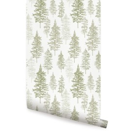 Illustrated Evergreen Forest Peel and Stick Wallpaper (Single Sheet - 2x9 ft, Sage Green)