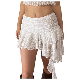 MakeMeChic Women's Lace Skirt with Shorts Low Rise Ruffle Flowy Mini Skirt Micro Skort White Medium