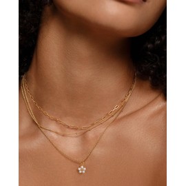 Robaice Layered Gold Necklaces for Women，Dainty 14K Gold Tiny Pearl Flower Pendant Paperclip Chain Chain Necklace Stack Trendy Layering Stackable Chain Choker Set Minimalist Jewelry Gift for Women