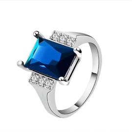 Yuren 925 Sterling Silver Blue Sapphire Crystal Ring Women's 10Kt White Gold Filled Wedding Topaz Promise Princess Cut Gemstone Ring（Size6-10） (US Code 7)