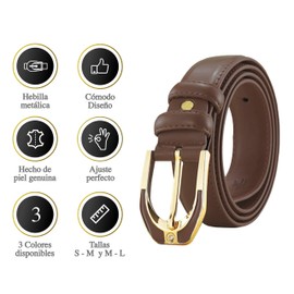 Vedicci Cinturon para mujer de Piel Genuina con hebilla metálica. Cintos para mujer de diseño casual o formal. Cinturones mujer/dama. Disponibles en 2 tallas. Women Belt. Gout (Café, S-M)
