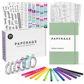 PAPERAGE Bullet Style Journal Kit, Dotted Journaling Starter Kit With Dotted Notebook, Fineliner Pens, Stickers, Stencil Sheets & Washi Tapes - color: Sky Blue
