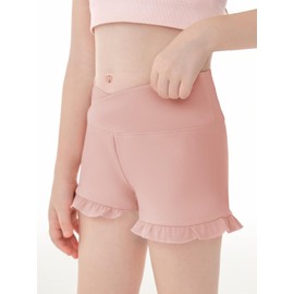 Haloumoning Girls Athletic Ruffle Shorts V Crossover High Waisted Yoga Dance Gymnastics Shorts 5-14Y Pink, 7-8 Years