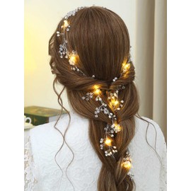Yean- Enredadera para el cabello de novia con luz LED, diadema nupcial larga con luces, accesorios para el cabello de cristal plateado