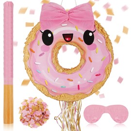 Pink and Khaki Donut Small Pinata with Pinata Stick Blindfold and Confetti Bowknot Pinata for Birthday Anniversary Donut Theme Celebration Donut Party Decorations Fiesta Supplies, 15 x 13 Inches