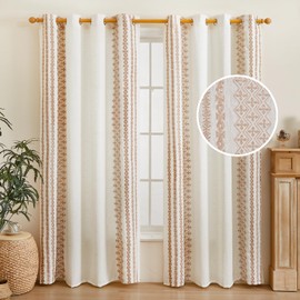 LOHUT Boho Linen Sheer Curtains 84 Inches Long 2 Panels for Living Room Bedroom Beige Farmhouse Embroidered Curtains Light Filtering Grommet Window Drapes Vintage Geometric Pattern, Beige on Ivory