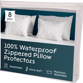 8 Pack Waterproof Pillow Protectors Standard 20x26 Inches Smooth Zipper Premium Encasement Covers Quiet Cases Set White 100% Liquid Protection