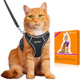 Halypet Cat Harness and Leash Set [H600 Pro] Escape Proof Cat Harness for Walking, Adjustable Breathable Comfortable Travel Cat Leash, Reflective Strips Kitten Harness M Black