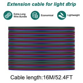 XMSJSIY 4 Pin RGB Led Wire Extension Cable 22AWG 4 Core LED Strip Connector Electric Cord Line for 3528 5050 LED Ribbon Lamp Tape Light-16M/52FT