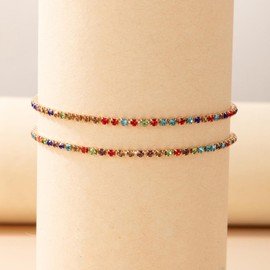 Wendalern Boho Layered Tennis Ankle Bracelets Colourful Rhinestone Tennis Chain Anklet Petite Rainbow CZ Diamond Anklet Beach Crystal Chain Anklet Foot Jewellery for Women (Pack of 2), Cubic Zirconia