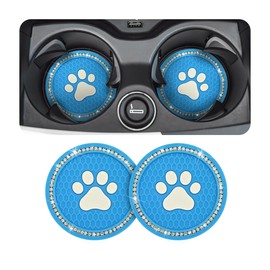 CGEAMDY 2 PCS Car Cup Holder Pads, Crystal Rhinestone PVC Paw Car Cup Pad, Universal Auto Anti Slip Cup Holder Insert Mat, Bling Mats Car Interior Accessories for Women & Men(Blue-White)