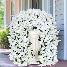 Siyaluens 2 Pcs UV Resistant Artificial Flowers for Outdoors, Realistic Faux Silk Bougainvillea Flowers, Fake Hanging Plants for Porch Patio Balcony Decoration (White)