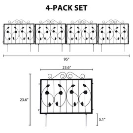 Decorative Garden Fence 4 Pack, 23.6in (H) x 7.9ft (L) Rustproof Metal Border Fences Decor Animal Barrier for Yard Outdoor