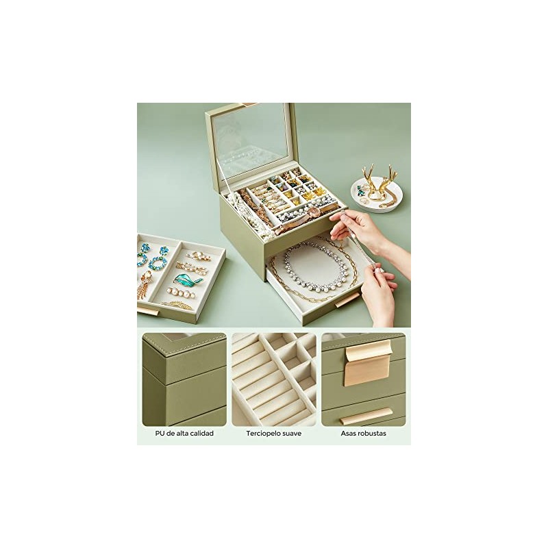 SONGMICS Caja de Joyas, 3 Niveles, Tapa de Cristal, 2