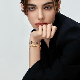 AOWVUTS 2 Pcs Bracelets for Women 18K Gold Plated Crystal Bangle Cuff Five Leaf Clover Bracelet Set Adjustabl Stacking Flower Bangle Set Lucky Friendship Love Bracelet (BLACK)