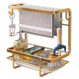 Sponge Holder Sink with Drip Tray and Hook, Multifunctional Sink Organiser, Wall Mounted/Countertop Mounting, Metal Dish Cloth Holder for Kitchen, Bathroom, Balcony (Gold)