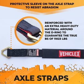 Vehiclex Axle Tie Down Straps - 2 x 38 Inch Reinforced Kit (4 PCS) with Carbon Steel D Rings, Heavy-Duty Straps and Extra Protection Sleeve, Black