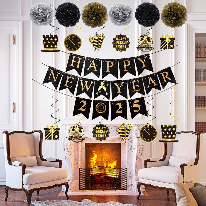 New Years Eve Party Supplies 2025-33Pcs Happy New Year Decorations