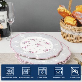 fanquare 10 Inch Porcelain Dinner Plates Set of 4, Lace Dishes Set for Salad, Pasta, Soup, Dessert, Pink Roses