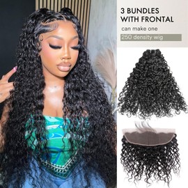 Human Hair Bundles Water Wave Bundles Human Hair With Frontal Closure (20 22 24+18，Free Part) 12A Burmese Curly 3 Bundle With 13x4 HD Lace Frontal With Baby Hair 1B# Curly Wave Human Hair Extensions