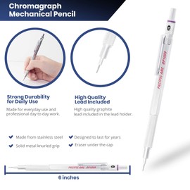 Pacific Arc Chromograph Metal Mechanical Pencil .9 mm Silver Barrel Mechanical Pencil with Built In Lead Pencil Grade Indicator, Lead Pencil Holder for Drafting, Sketching, and Drawing
