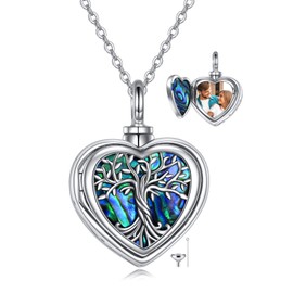 YAFEINI Tree of Life Urn Necklaces for Ashes Sterling Silver Abalone Shell Tree of Life Locket Necklace That Holds Pictures Heart Cremation Jewelry for Ashes Memory Jewelry for Women Men