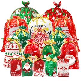 BCUEIDO 45 PCS Christmas Drawstring Gift Bags Assorted Sizes Drawstring Christmas Bags for Gifts with Rope for Xmas Holiday Presents Party Favor