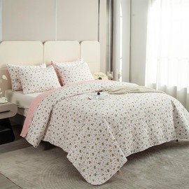 TISPLR Queen Size Quilt Floral 3 Pieces Soft Microfiber Lightweight Bedspread Queen Quilt Bedding Set Garden Style Pink Botanical Flowers Quilt Set for All Seasons 1 Quilt and 2 Pillow Shams