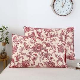 STYHO 100% Egyptian Cotton Floral Printed Decorative Pillow Cases 2 Pack Standard Size Luxurious Pillow Cover Envelope Closure for Hair and Skin(Red-Beige,50 x 75cm)