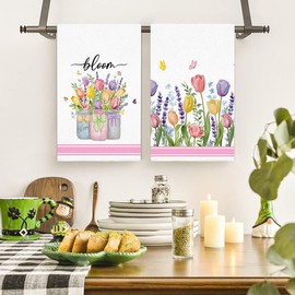 Rumkim Lavender Tulip Spring Floral Kitchen Towels Dish Towels, Flower Hand Towel 16x24 Inch Drying Dishcloth for Farmhouse Home Spring Decoration Housewarming Gift, Set of 2