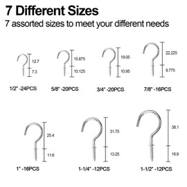 Screw Hooks, 120 Pieces Cup Hooks Nickel Plated Hooks Metal Screw-in Eye Hooks Ceiling Hook for Cabinet Shelf(Silver), 7 Sizes