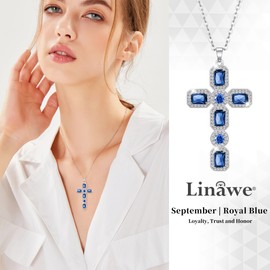 Linawe Sapphire Blue Cross Necklace, Silver Charm Pendant Chain Necklace Jewellery for Women, Catholic Religious Gifts, Crystal Imitation Diamond Cubic Zirconia Rhinestone Necklace