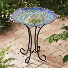 Hi Line Gift Ltd. Solar Peacock Blue Geometric Glass Bird Bath with Stand