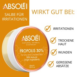 Absolei Propolis Ointment, Natural Ointment for Skin Irritations, Dry and Cracked Skin with 30% Propolis, 40 ml