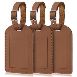 Mayski Genuine Leather Luggage Tags for suitcases, 3 Pack Durable Travel Bag Tags with Privacy Flap, Travel Essentials TSA Approved, Brown