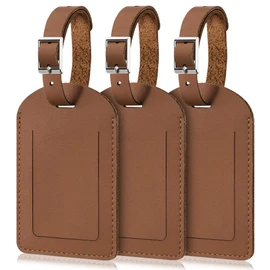 Mayski Genuine Leather Luggage Tags for suitcases, 3 Pack Durable Travel Bag Tags with Privacy Flap, Travel Essentials TSA Approved, Brown