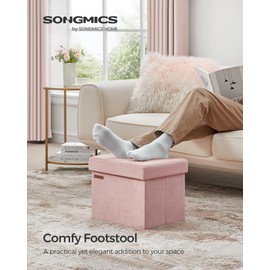 SONGMICS Storage Ottoman, Foldable Small Ottoman Foot Rest, 12.2 x 16.1 Inches Foot Stool, Load up to 286 lb, for Living Room, Bedroom, Dorm, Jelly Pink ULSF200R01