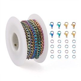 Crafans 5m Rainbow Curb Chain Roll for Necklace Bracelet Stainless Steel Cuban Link Chain 6.5x4.5mm Twisted Chains with Clasps Jump Rings for DIY Jewelry Making