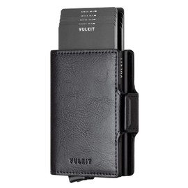 VULKIT Credit Card Holders for Men RFID Blocking Double Pop Up Metal Case Leather Men's Wallets Magnetic Closure with 2 Slots for 10-14 Cards, Black