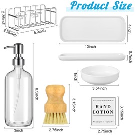 Tioncy 7 Pcs Kitchen Soap Dispenser Set Includes 2 Pcs 16 oz Dish and Hand Soap Glass Dispenser Sponge Holder for Kitchen Sink Dish Brush Ceramic Dish Brush Holder Tray Label for Bathroom(White)
