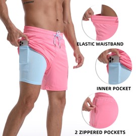 FT FENTENG Mens Swim Trunks with Compression Liner, 2 in 1 Men Bathing Suit Mens Swimming Trunks 7 inch Inseam Board Shorts Swimwear, 4 Way Stretch Swim Suits Quick Dry with Zipper Pockets, XX-Large