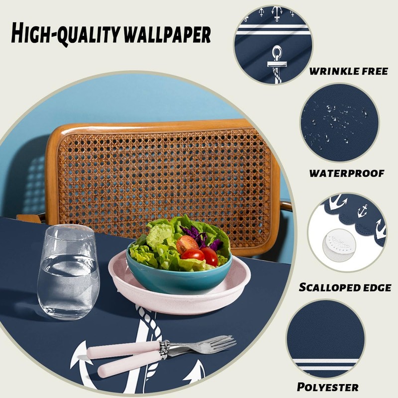 TLCBFF Nautical Decorative Rectangle Tablecloth Anchor Sailing Ocean Dark Navy