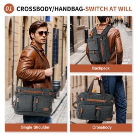 SUIKIHUM 17.3" Canvas Laptop Backpack for Men, Versatile 3-in-1 Design and 12 Pockets for Organized Storage, Water-resistant, Black