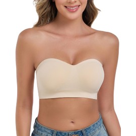 ANGOOL Women's Strapless Bra Without Underwire Push Up Bra Without Straps Fixed Padding Bandeau Top Women's Seamless with Transparent and Primary Coloured Straps, beige, S