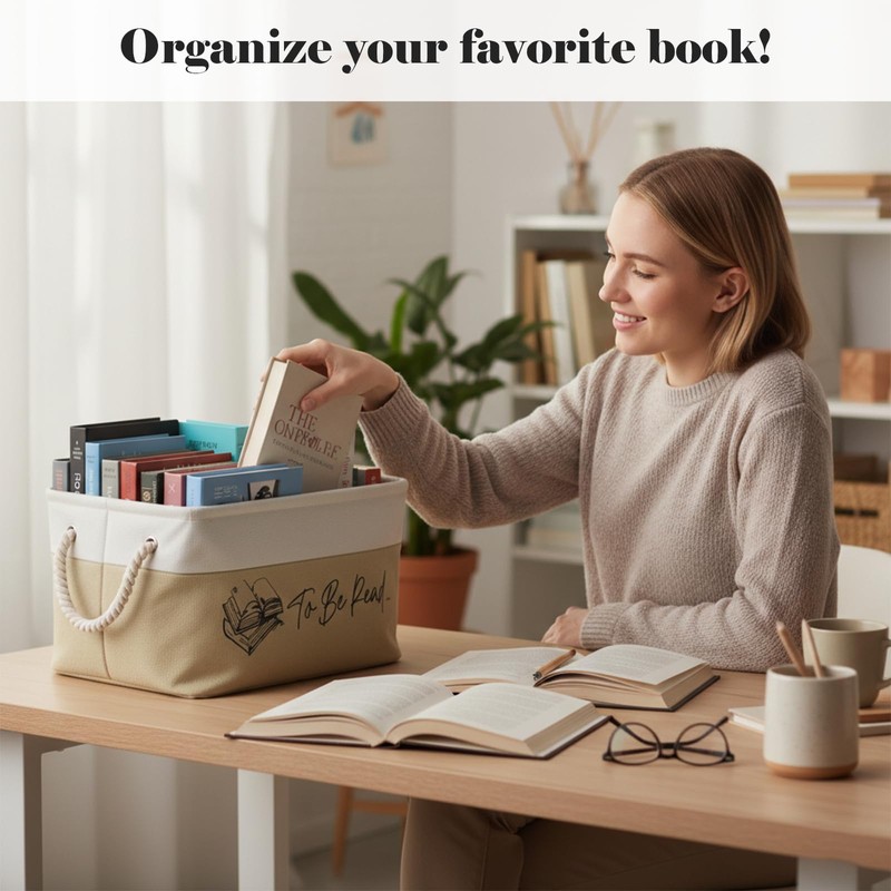 2-Pack TBR Book Storage Baskets with Rope Handles, Beige and