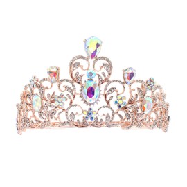 Weddingtopia Crystal Rose Gold Wedding Tiara And Matching Rhinestone Wedding Necklace Set Rhinestone Bridal Tiara Crown with side combs Wedding Hairband Comb Pin (ROSE GOLD AB)