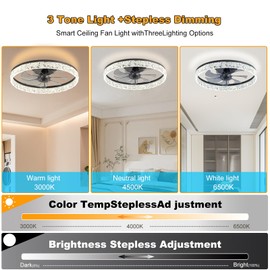 Ceiling Fans with Lights and Remote, 20'' Low Profile Ceiling Fans, 3000-6500K Dimmable Modern Flush Mount Fan Light with 3CCT and 6 Wind Speeds Fandelier Ceiling Fan for Bedroom, Living Room, Masonry