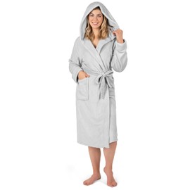PAVILIA Light Gray Women Robe with Hood, Fleece Lightweight Soft Long Hooded Robe for Women, Plush Fuzzy Cozy Warm Bathrobe Shower Spa House, 2XL/3XL