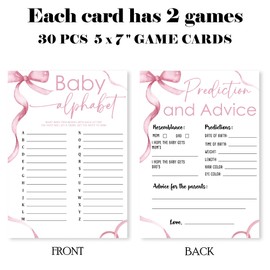 WPBRU Minimalism Pink Baby Shower Game Cards-Baby Alphabet! & Predictions & Advice Theme Games Activity for Boys & Girls-30 Ribbon Bow Game Cards(5”x7”)-Baby Shower Party Decorations & Supplies-D03