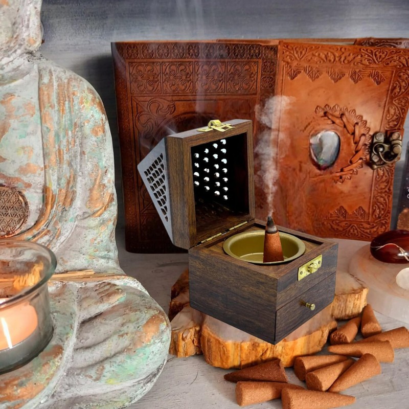 vrinda Wooden Pyramid Cone/Charcoal Burner with Storage Net Carving